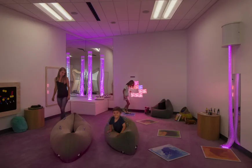 Multisensory Room with low lighting and pink colors at Richland Library Southeast