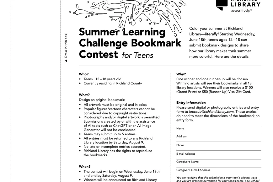 Screenshot of Summer Learning Challenge Teen Bookmark contest submission form.
