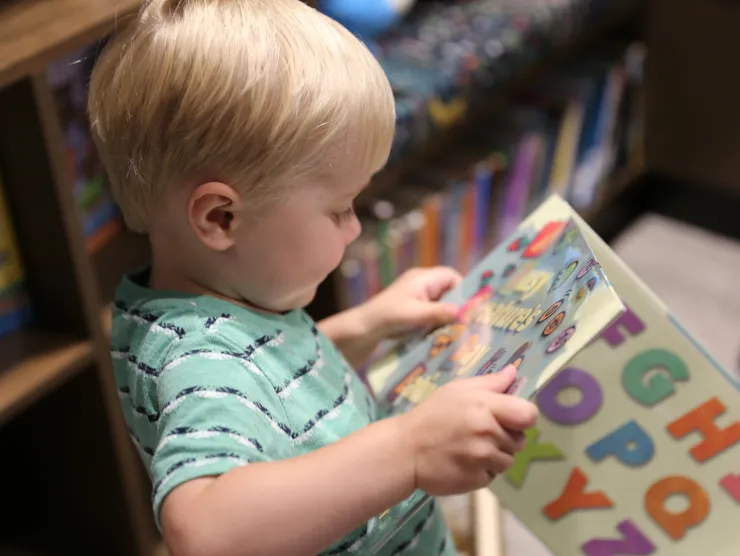Baby looking at book