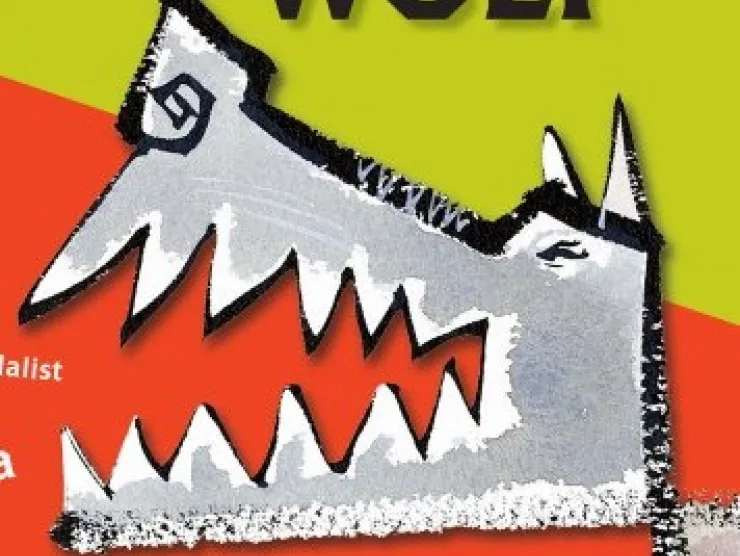 Cover of Peter and the Wolf | A gray wolf with jagged teeth is in the lower right corner.  The background is green and red.  