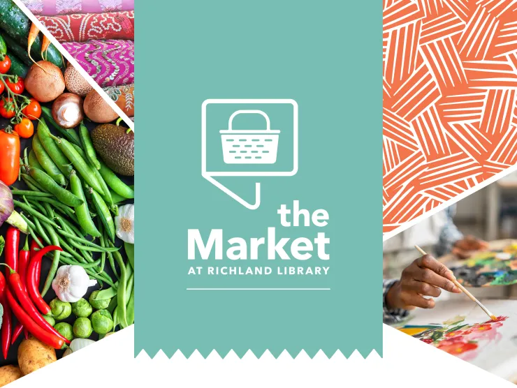 Split panels showing fresh fruits and vegetables and varying maker textures overlaid with The Market logo in white on a teal background.