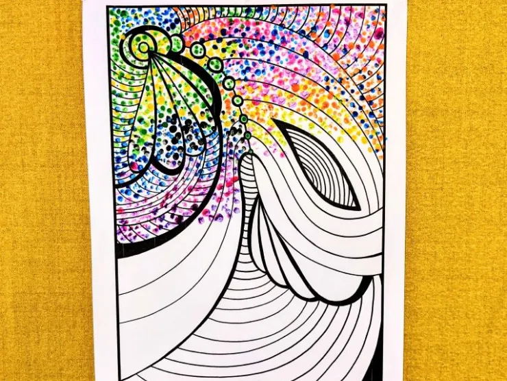 Coloring page of an abstract swirling line design, half done in colorful dots