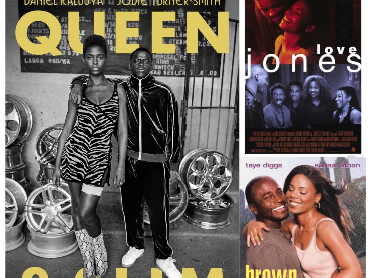 collage of Queen & Slim, Love Jones, and Brown Sugar movie posters
