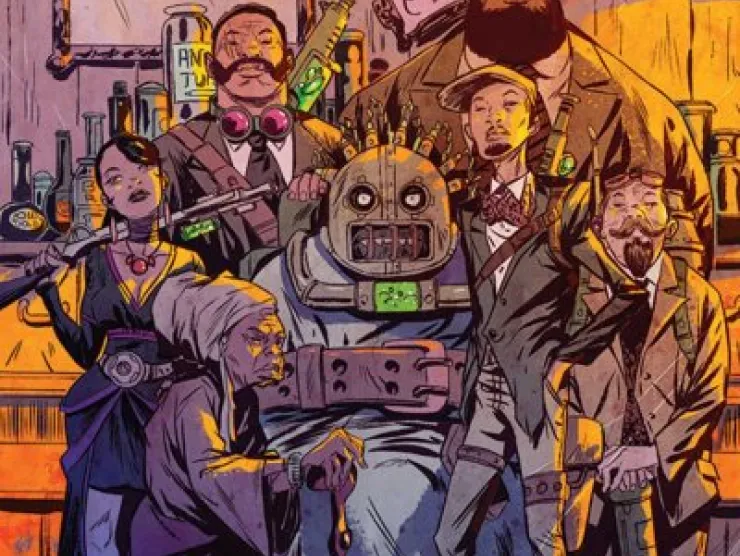 Cover image - a motley crew of characters pose in front of an old-fashioned bar; they are dressed in steampunk/Western garb and are holding classic and futuristic-looking long guns.