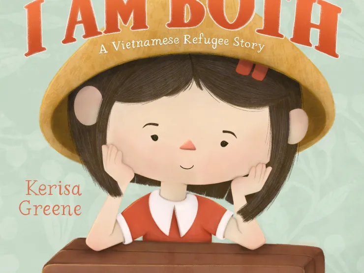I Am Both Picture Book cover with a little girl and a Vietnamese style hat and brown suitcase.
