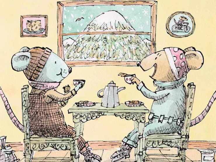 Cover of Cornbread & Poppy.  Two mice sit at a table drinking a hot beverage.  They wear winter hats and clothes.  In their home on the wall behind the table is a window and through that window a snowy mountain can be seen.  