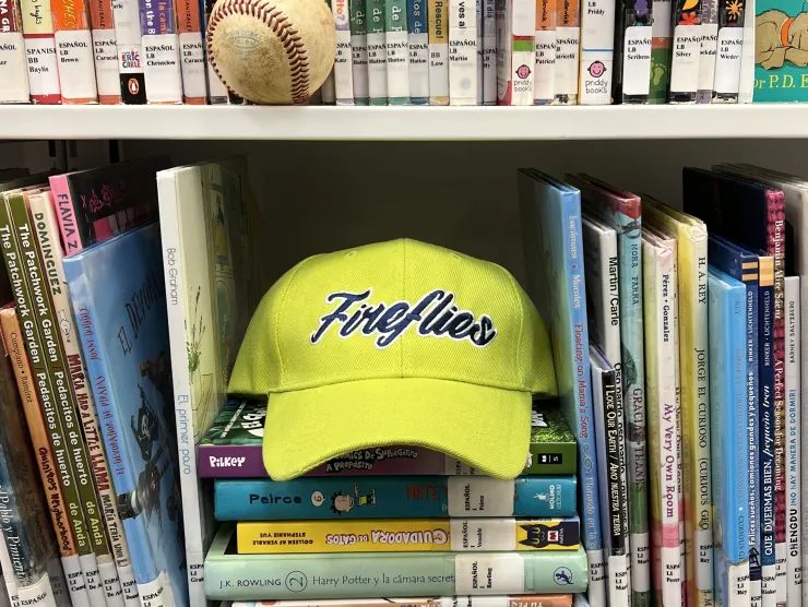 Fireflies baseball camp sitting in bookshelf filled with picture books.