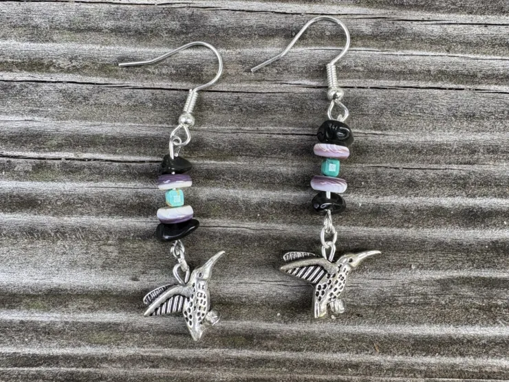 Obsidian, Turquoise and Wampanoag Beaded Earring