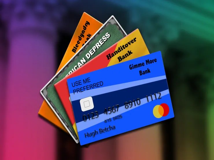 this image shows a colorful background with several credit cards fanned out in the center