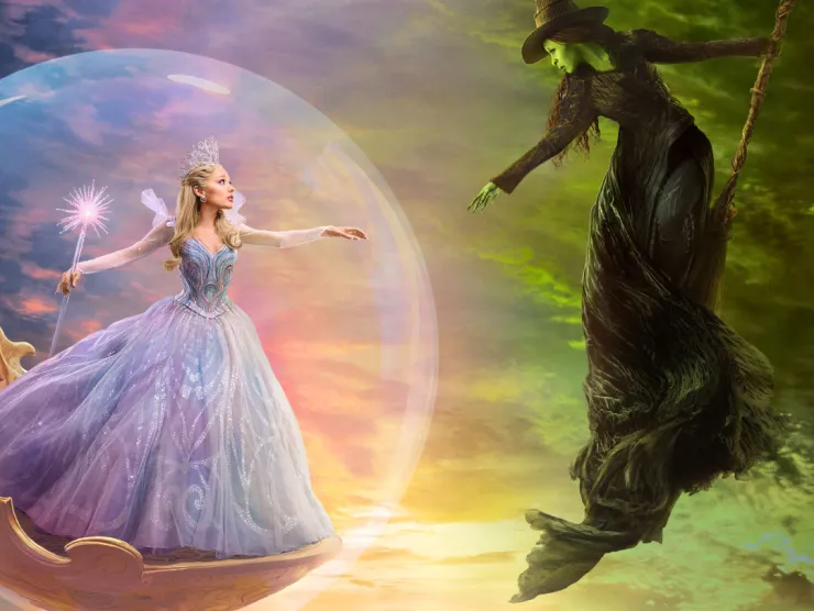 A magical scene depicts a fairy-like woman in a bubble facing a flying witch over a vibrant landscape. The backdrop shows a distant castle under a dramatic sky.