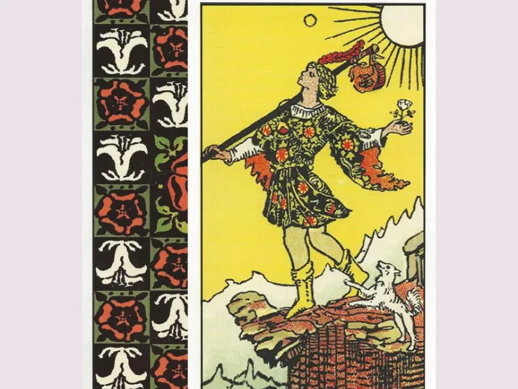 Depicts the Tarot card "The Fool" above more cards, face down