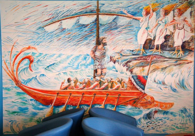 Image of Odysseus tied to a mast as Sirens sing