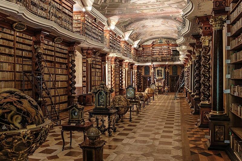 The baroque-style library hall in the Klementinum in Prague, Czechia