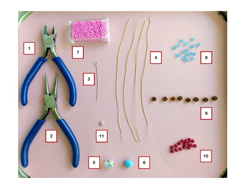 Photo of all the materials and tools needed to create a beaded spider