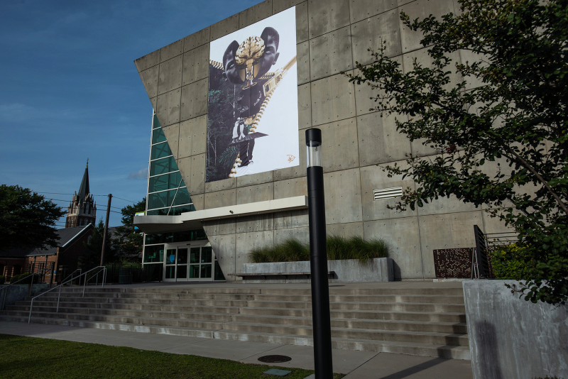 Local art hangs above Richland Library Main's Hampton Street entrance