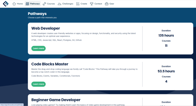 A website screenshot showing different pathways such as Web Developer, Code Blocks Master, and Beginner Game Developer