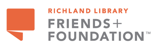 Logo for the Richland Library Friends + Foundation, an orange graphic square and page corner, and the words "RICHARD LIBRARY FRIENDS+ FOUNDATION" in grey text.