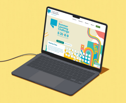 Illustration of a black laptop sitting on a yellow surface, displaying the Richland Library website. The screen shows promotional content for the 2025 Summer Learning Challenge, which runs from May 31 to August 9. The page includes colorful graphics, a “Track by Time” button, and a partially filled-in activity tracker. The Richland Library logo is visible at the top left of the screen.