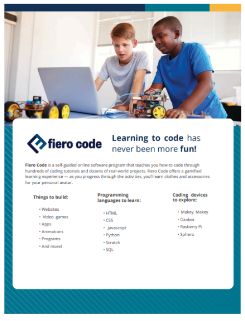 An info sheet on fiero code. It reads: "Learning to code has never been more fun!"
