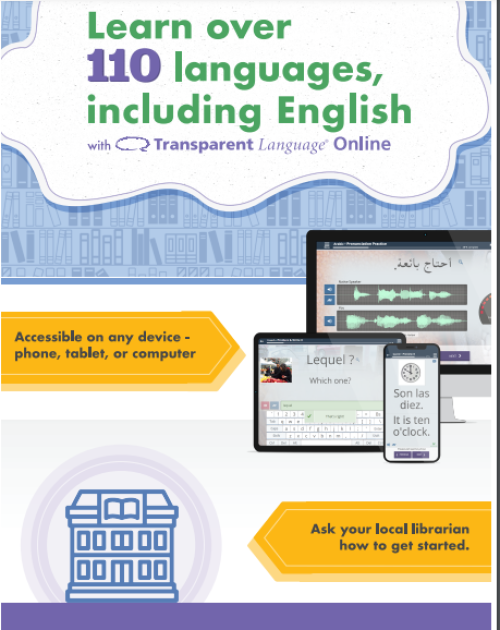 An infosheet for Transparent Language. Learn over 110 languages including English.