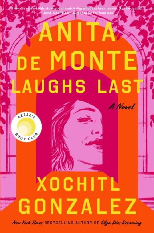 Cover of book featuring a woman looking through an archway in contrasting orange and pink colors
