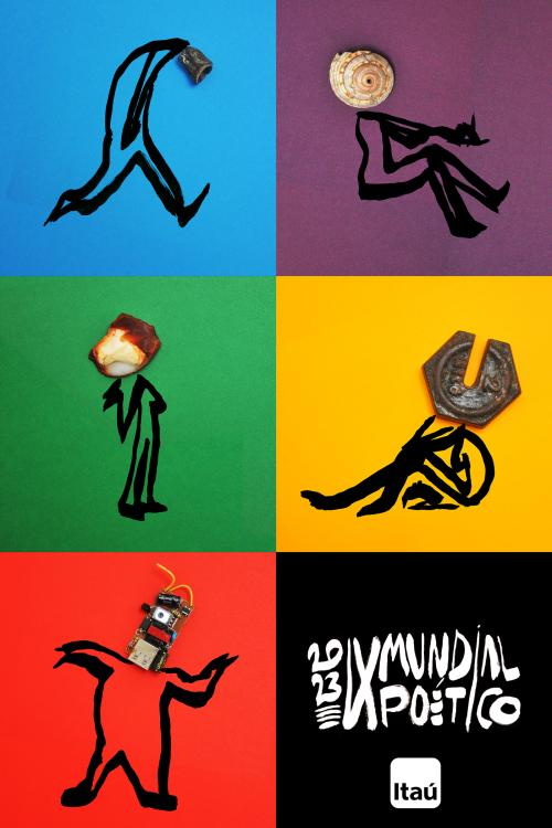 Poster for the 2023 Mundial Poético in Montevideo, Uruguay. Six differently colored squares with five having art work and one having the name of the festival