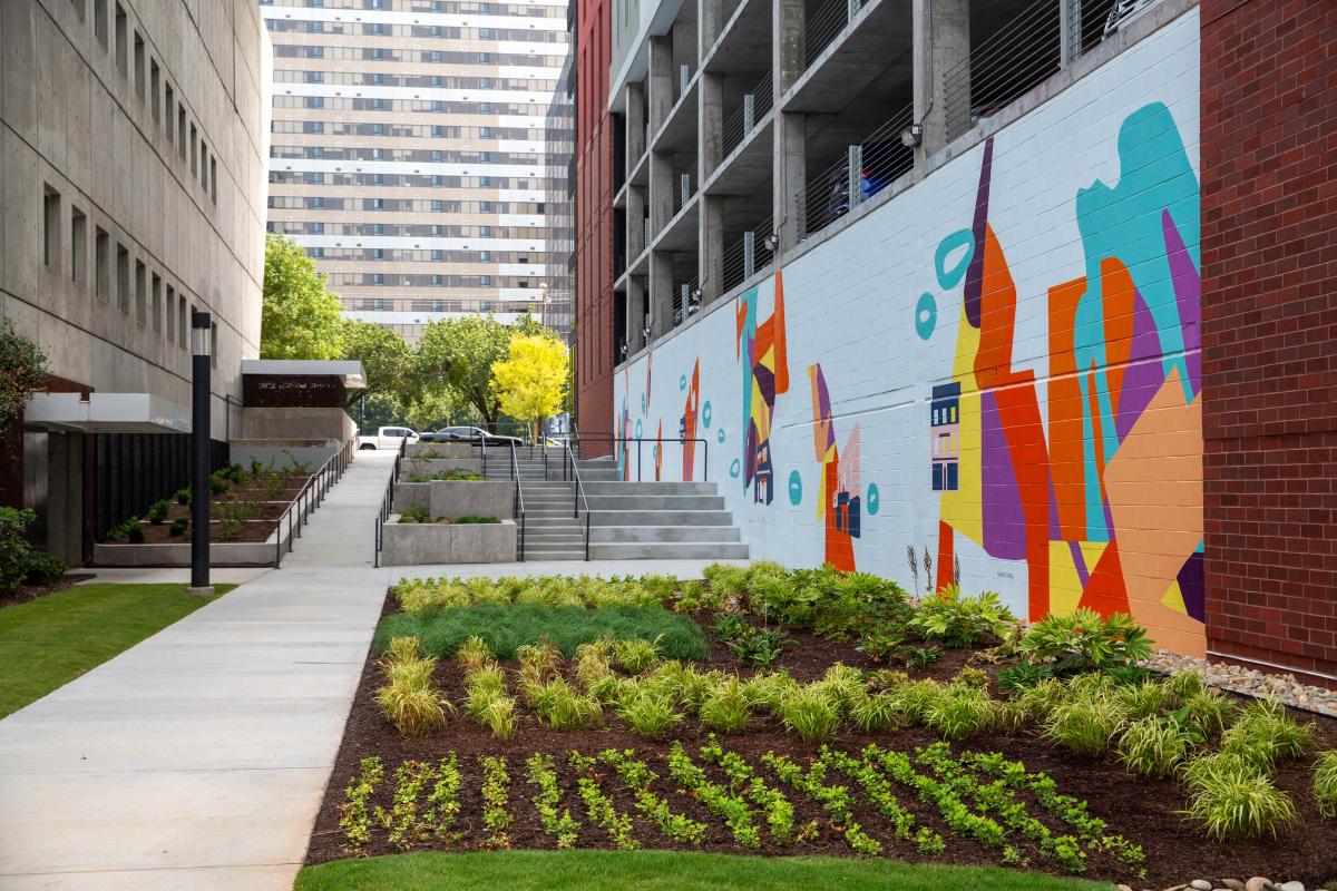The mural outside the garden level. A caption reads: The mural was funded by CRG, the developer of The Standard, and was facilitated by One Columbia for Arts and Culture.