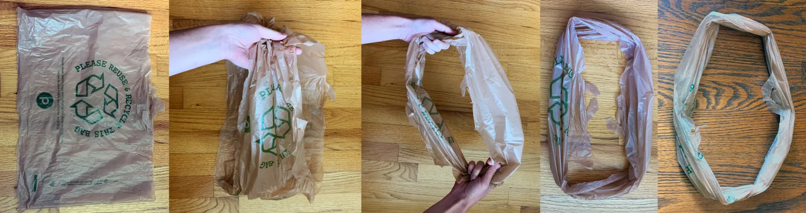 A series of images describing how to open and flatten the bag into a circle
