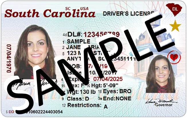 Image of a sample South Carolina REAL ID wit the gold star