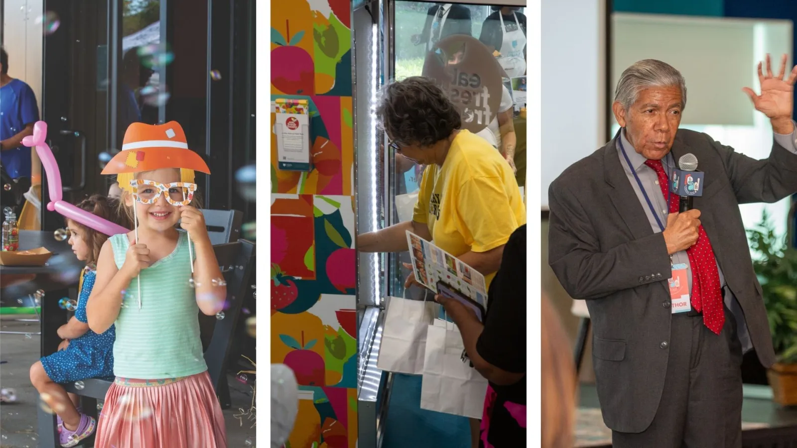 A three-part image featuring diverse activities: a girl in a hat with bubbles, a woman at a colorful vending machine, and a man speaking at a podium.