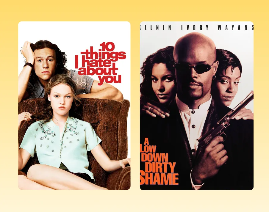 Shows two images: One of Ten Things I Hate About You (1999) film and A Low Down Dirty Shame (1994) film posters