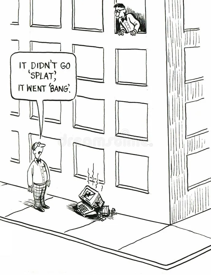 Computer Comic: Computer thrown out the window. person on curb says it didn