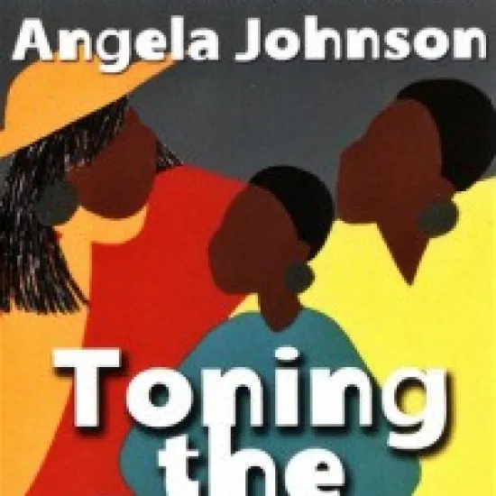 Multi-colored Toning the Sweep by Angela Johnson book cover; three Black women in colorful clothing