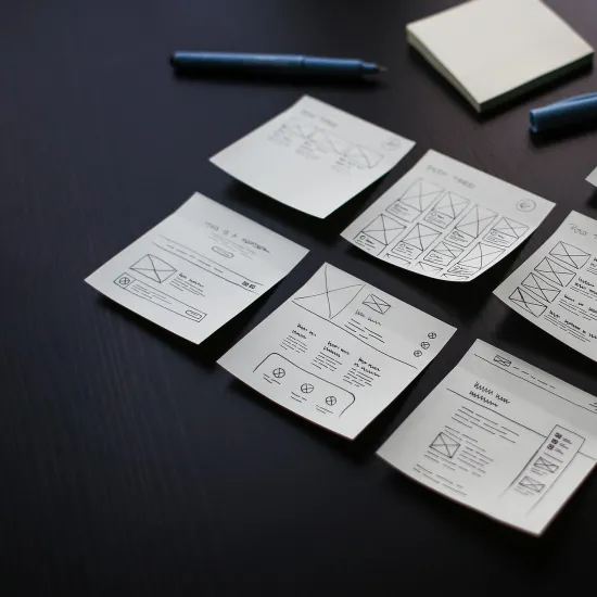 Sheets of paper with hand-drawn words and graphs