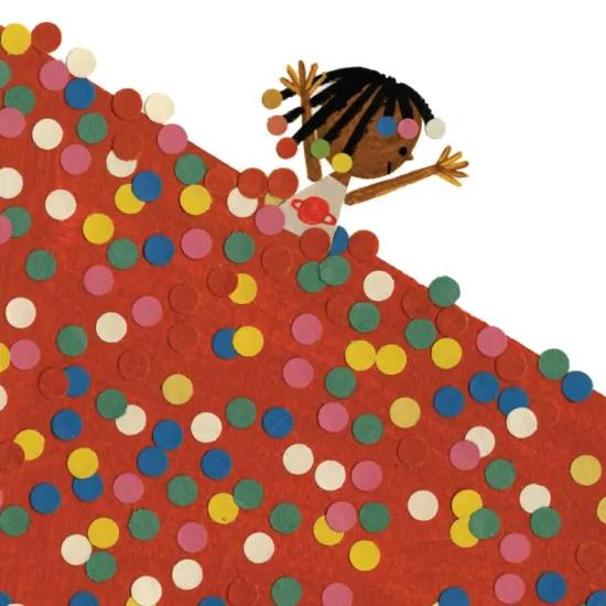 Image of a little Black girl with colorful beads in her hair with arms upstretched out of a sea of colorful dots