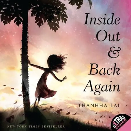 Book Cover Inside Out & Back Again Silhouette of a Vietnamese Girl Holding Onto a Papaya Tree