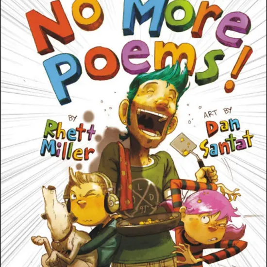 Cover of No More Poems! Featuring Dad with blue hair singing into a spatula and two children on either side of wincing