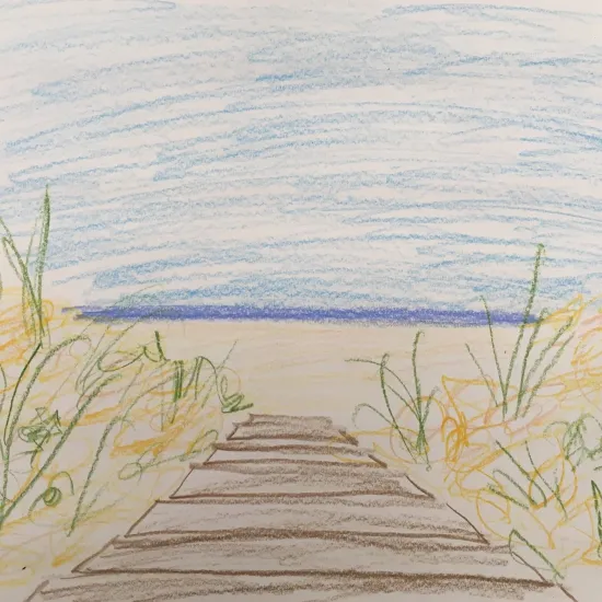 Crayon sketch of entering beach on boardwalk through dunes.