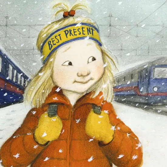 Image of a young white girl wearing an orange coat and yellow gloves clutching the straps of her backpack walking between two blue trains in the falling snow