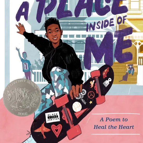Black tween in a black jacket balances on a skateboard with stickers attached to the bottom. A unidentified person waves to him in the background, and a tween girl sits on the stairs leading into a neighborhood home.