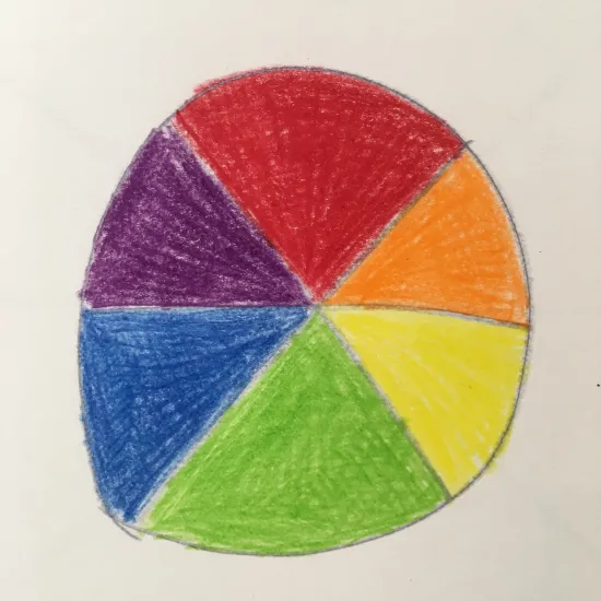 Simple drawn circle with six sections colored in red, orange, yellow, blue, purple.