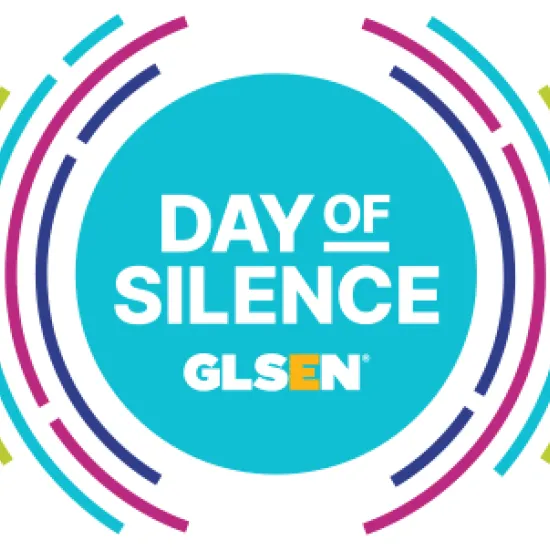 Day of Silence Logo with Day of Silence GLSEN in a blue circle with rainbow circles amplifying the silence