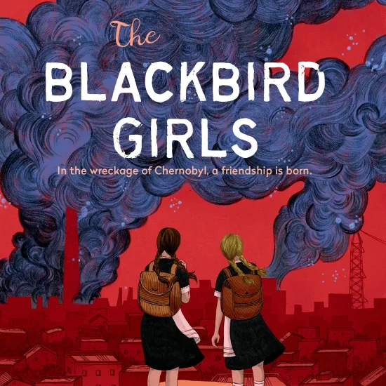 Book cover of two girls on a road, looking out at purple and black smoke and their city.