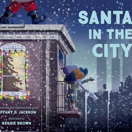 Cover of Santa in the City | Young Black girl wearing a jacket, mittens and a hat, stands on a fire escape in the snow while Santa's legs can be seen on top of her building