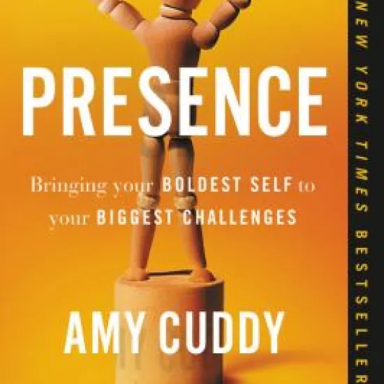 Image of wooden, human-like stick character with it's arms raised high apart in a V-shape and legs spread apart. Character is imposed on a yellow backdrop with the title "Presence" emblazoned across the front of it's chest. 