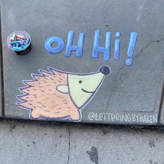 Chalk art of a hedgehog with the words Oh Hi!