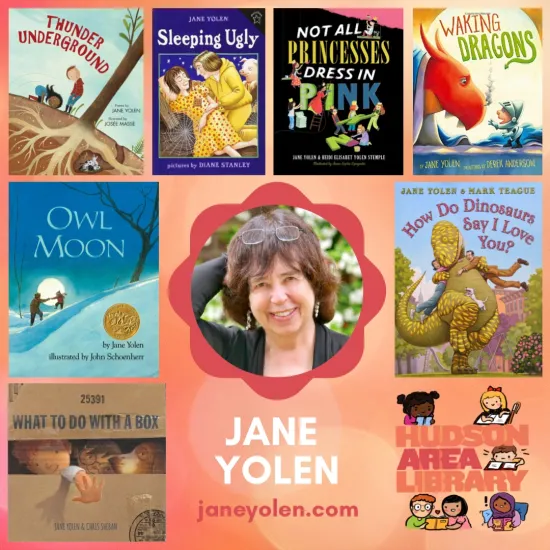 Author Jane Yolen, surrounded by picture books.