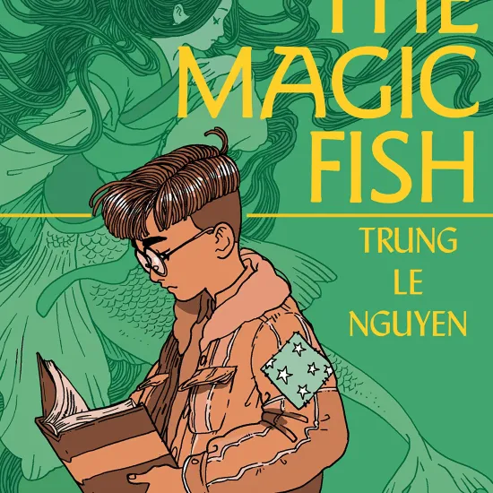 Light-green background with the image of a mermaid with long, dark hair in the same color and an image of an Asian tween boy with glasses and a jacket facing the spine of the book, while holding a book. The title of the book and the author's name are written in the upper-righthand corner in yellow text.
