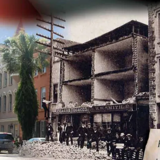 Side by side view of modern Charleston SC and historical Charleston post earthquake