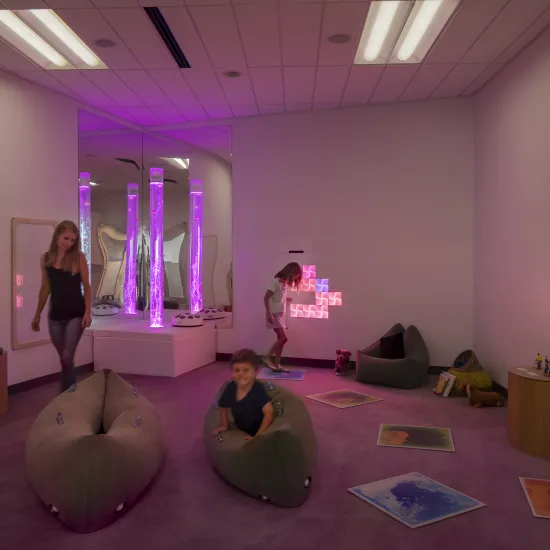 Multisensory Room with low lighting and pink colors at Richland Library Southeast
